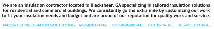 We are an insulation contractor located in Blackshear, GA specializing in tailored insulation solutions for residential and commercial buildings. We consistently go the extra mile by customizing our work to fit your insulation needs and budget and are proud of our reputation for quality work and service.